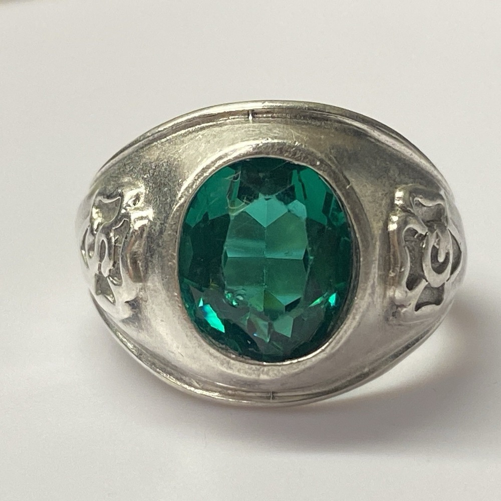 Vintage 1940's Sterling Girl Scout Ring Green Glass (CHIP) Trefoils G S Size 6